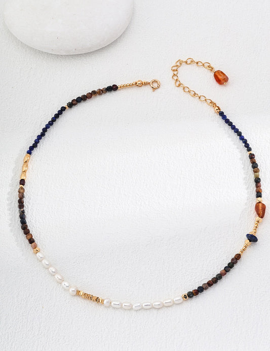 Tiger’s Eye Lapis Lazuli Pearl Necklace