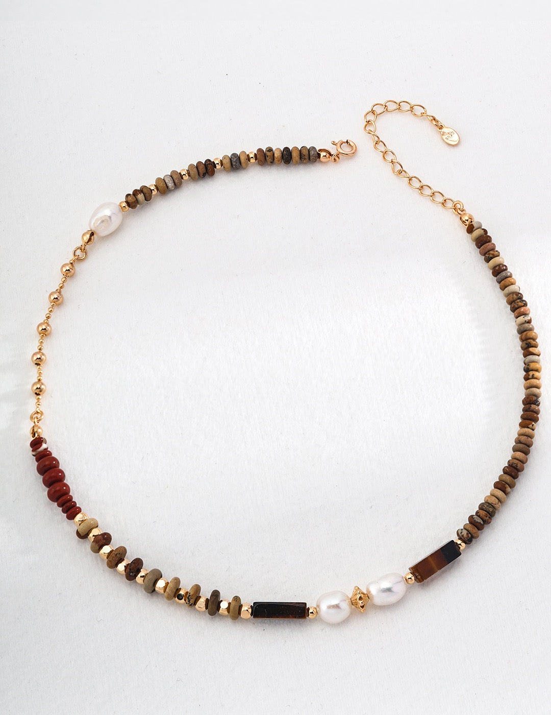 Landscape Jasper Redstone Tiger’s Eye Pearl Necklace