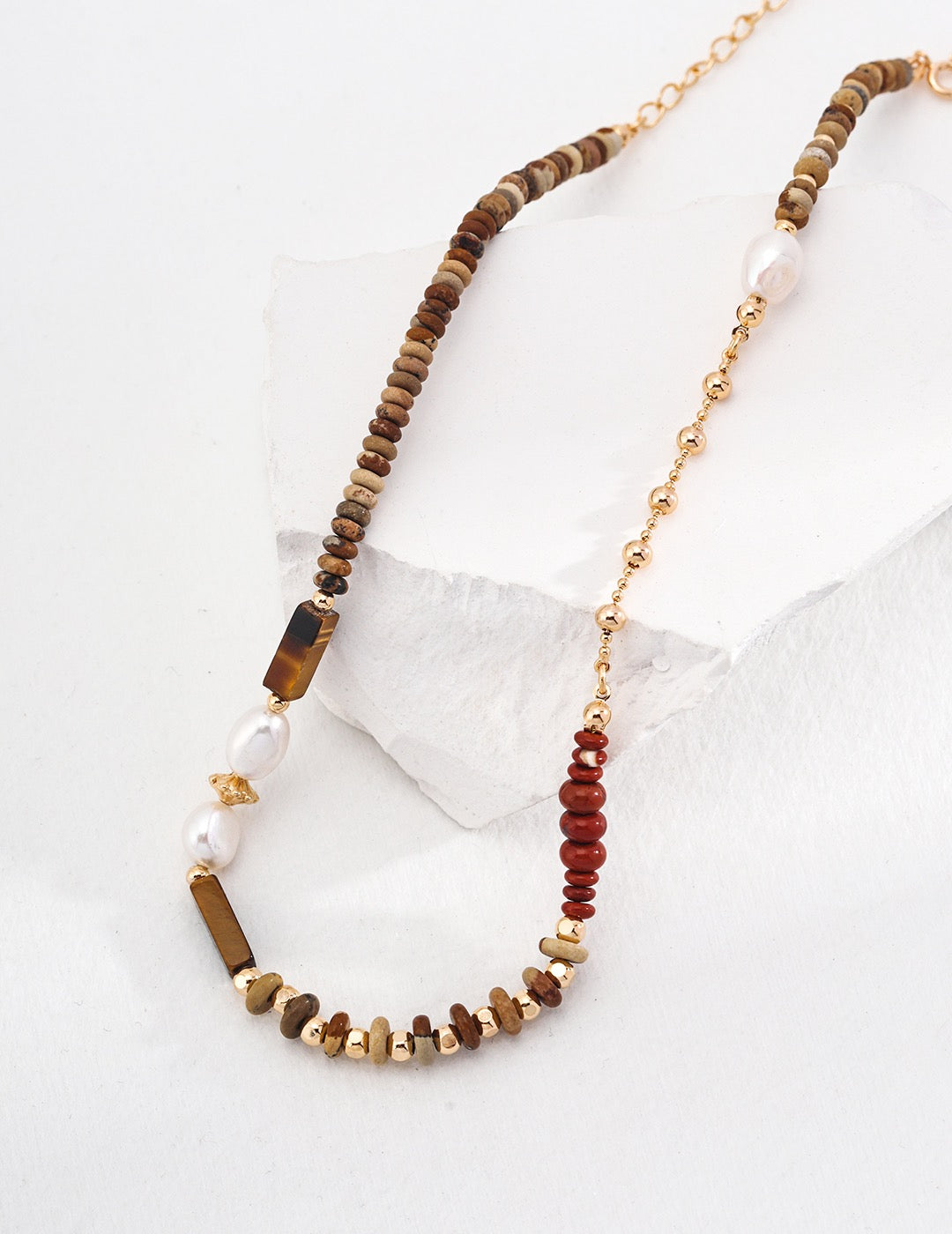 Landscape Jasper Redstone Tiger’s Eye Pearl Necklace