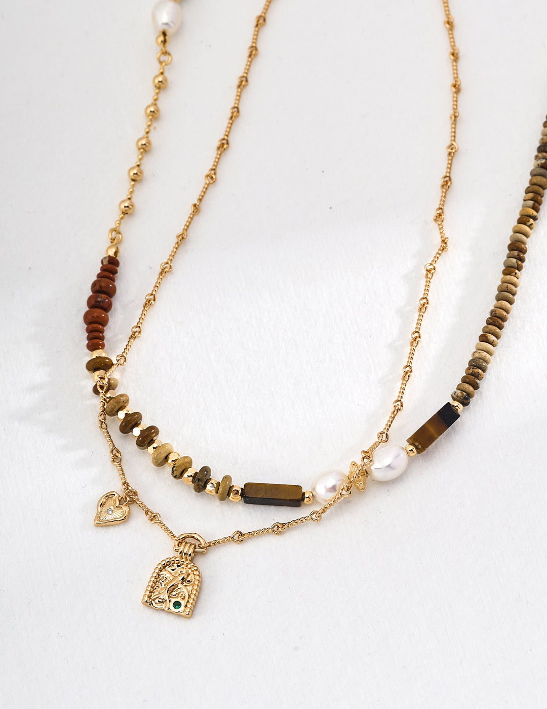 Landscape Jasper Redstone Tiger’s Eye Pearl Necklace