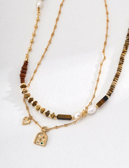 Landscape Jasper Redstone Tiger’s Eye Pearl Necklace