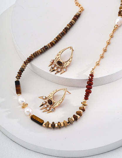 Landscape Jasper Redstone Tiger’s Eye Pearl Necklace