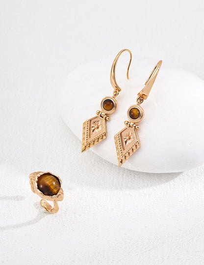 Tiger’s Eye Vintage Gold Plate Earrings